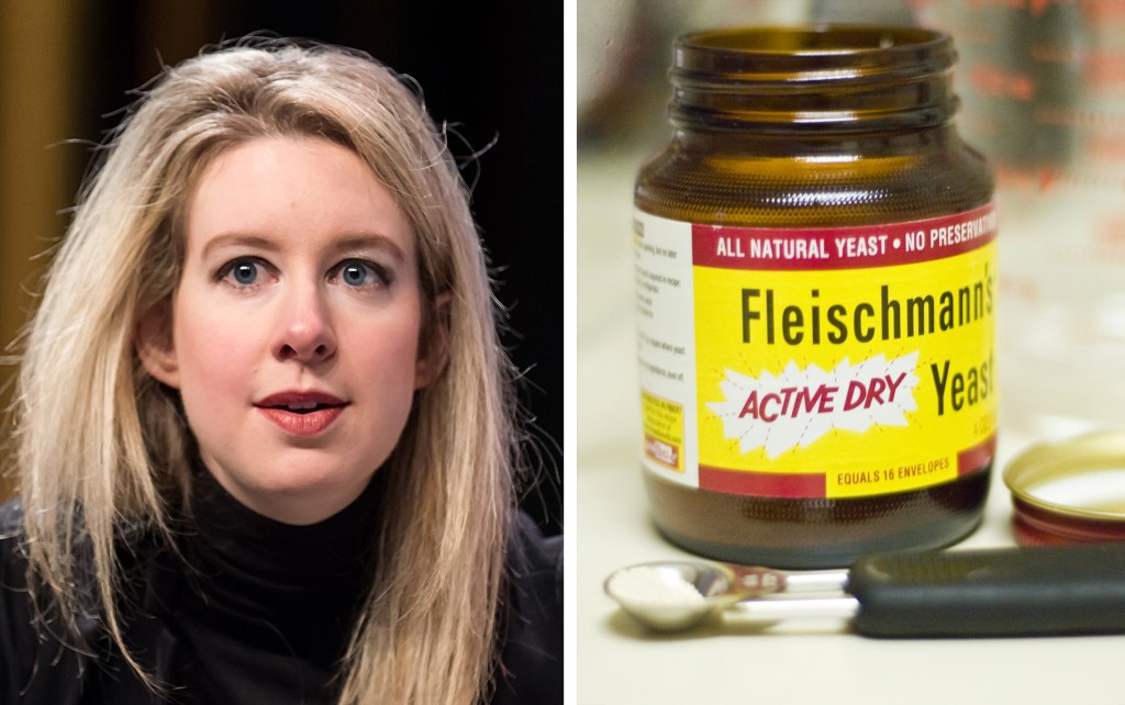 side by side image of theranos founder elizabeth holmes and a jar of fleischmann's active dry yeast