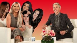 the kardashians peek their heads out from behind Ellen's couch