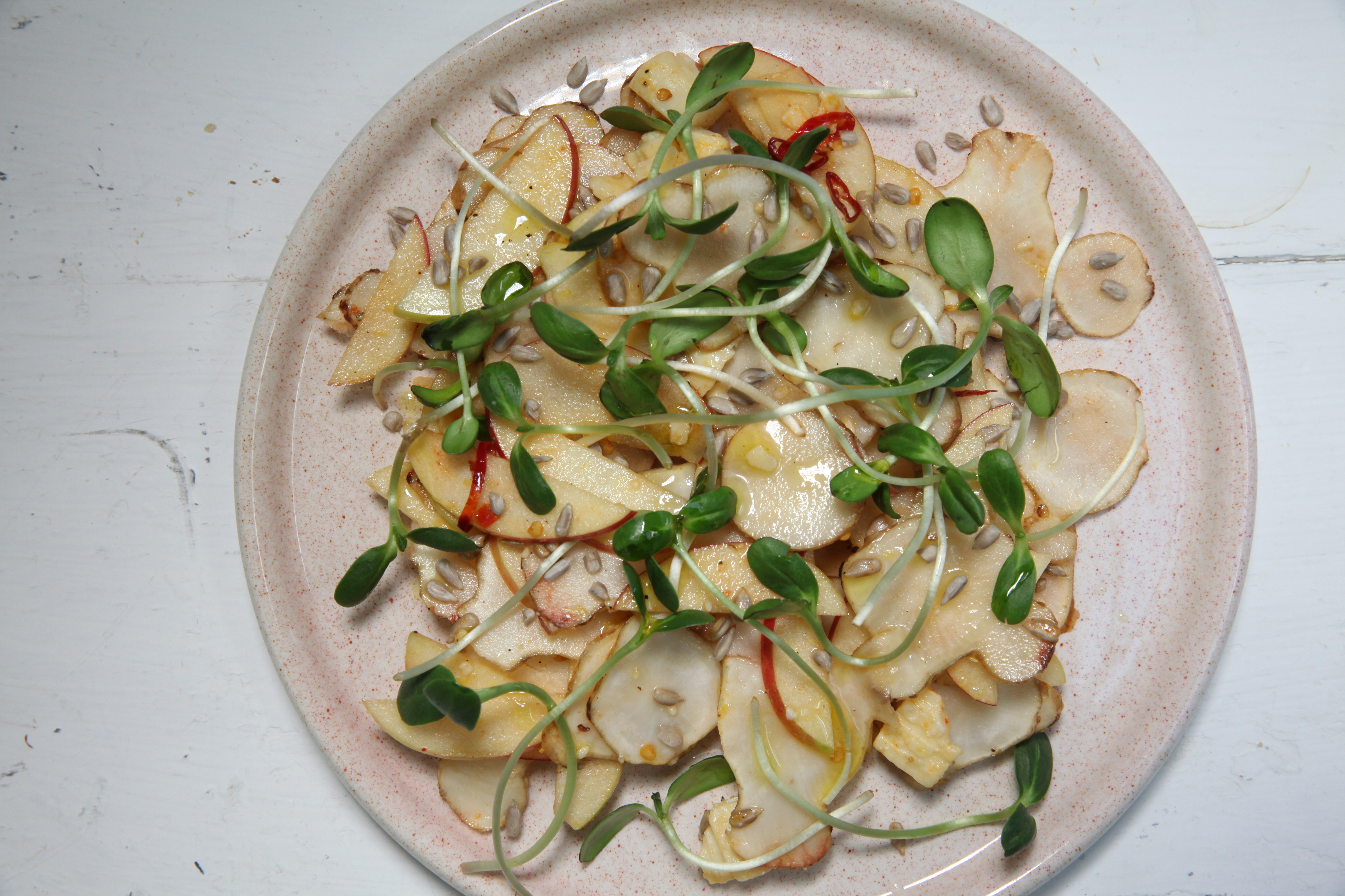 raw sunchoke, apple, and cheddar salad from chef julia sullivan of henrietta red