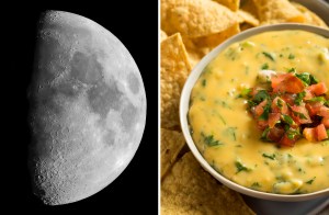 side by side composite of moon and tortilla chips next to a bowl of queso