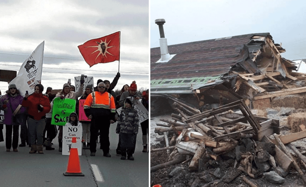 Protest and demolished house