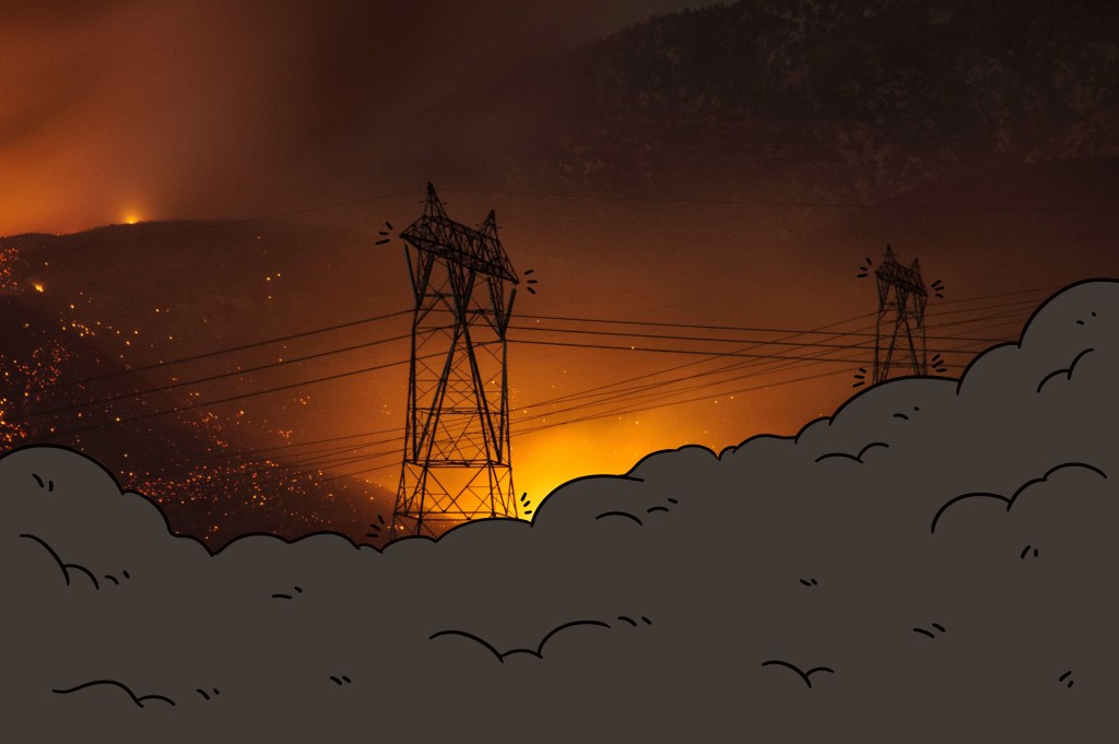 Cartoon smoke envelops a burning power transmission tower.