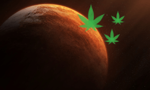 Image of a red planet with cannabis leaves superimposed on top.