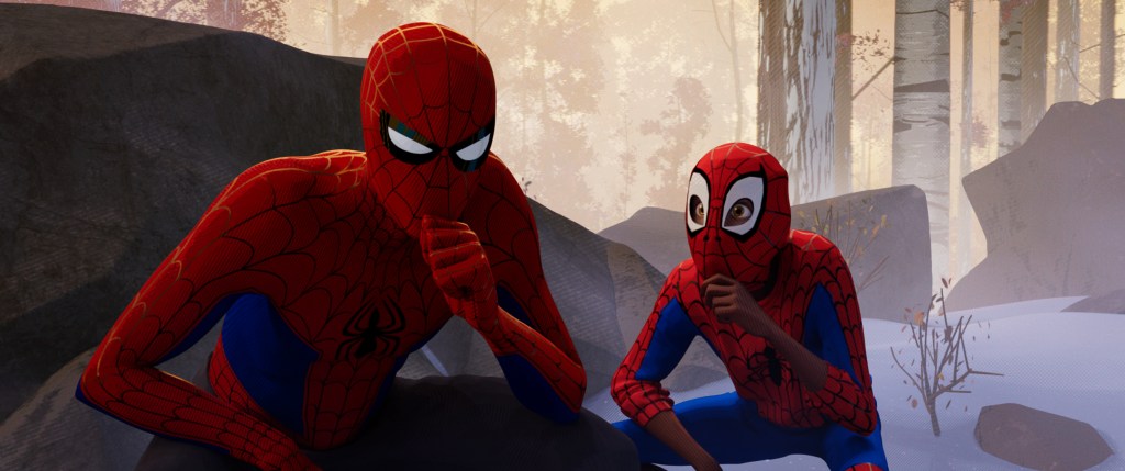 Peter Parker and a novice Miles Morales figuring out their roles in 'Into the Spider-Verse'