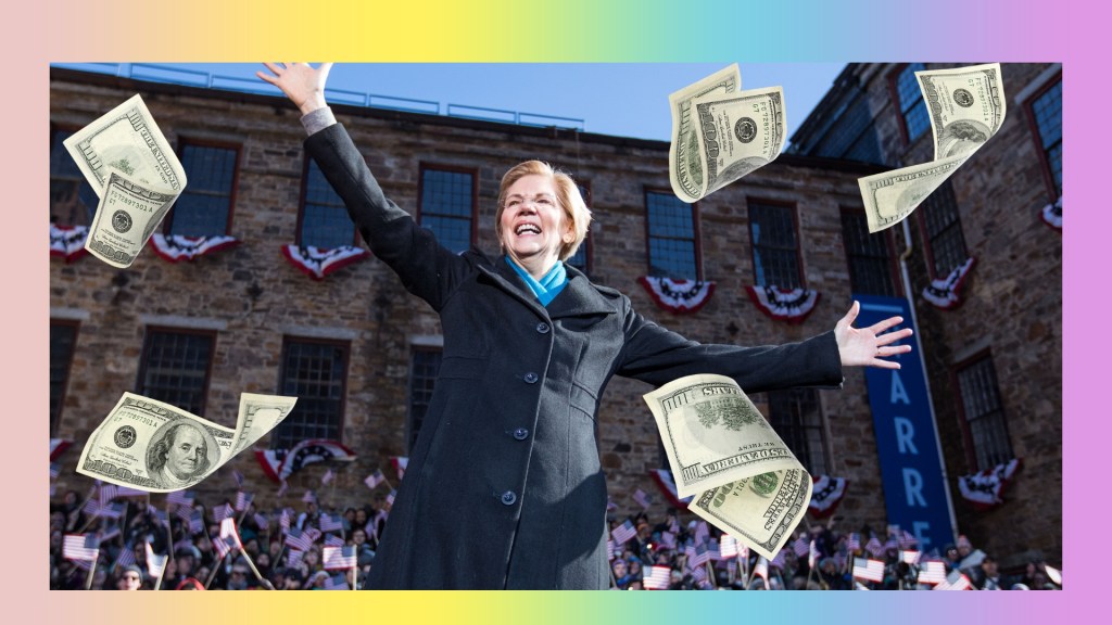 A photo illustration of Elizabeth Warren being surrounded by money falling from the sky