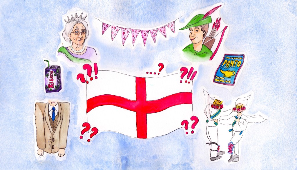 an illustration of the St George's flag surrounded by the Queen, Robin Hood, and a carton of Ribena