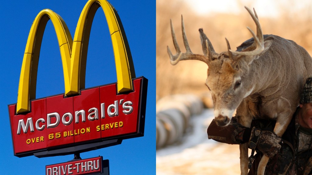 Imagen compuesta por un letrero de McDonald's y un cazador que lleva un venado en su hombro.