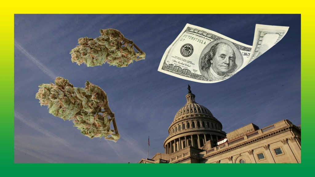 A photo illustration showing the Capitol building in DC being surrounded by weed and money.