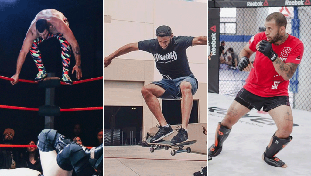 Images of Eric Spicely, pro-wrestler, skateboarder, and MMA fighter.