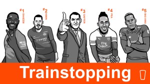 Brendan Rodgers Leicester City illustration, in the style of a Trainspotting poster