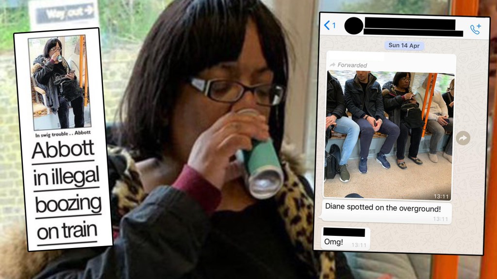 Dianne Abott drinking an M&S mojito on the train, alongside a tabloid headline and Whatsapp screenshot related to the incident.