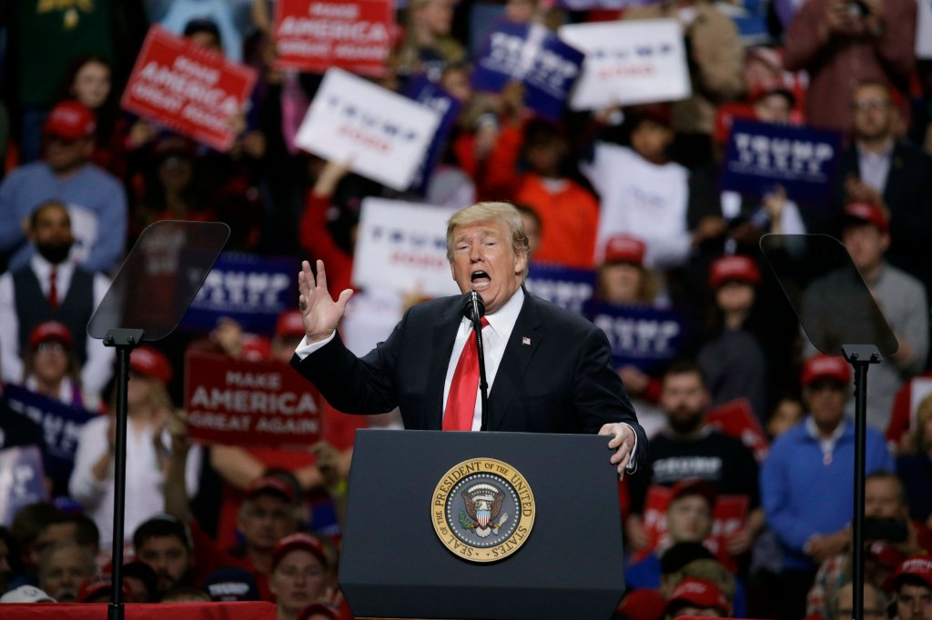 President Donald Trump speaks at a Make America Great Again rally Saturday, April 27, 2019, in Green Bay, Wis. (AP Photo/Mike Roemer)