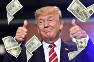 A photo illustration of Trump giving a thumbs-up surrounded by money.