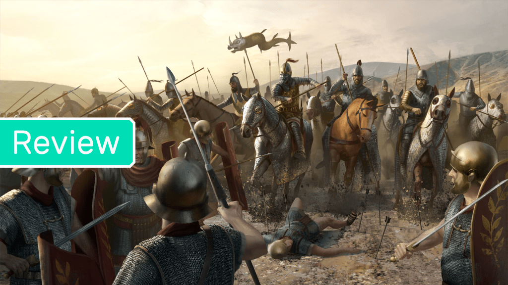 A Parthian cavalry charge smashes a Roman legion on a dusty plain in this piece of loading screen artwork.