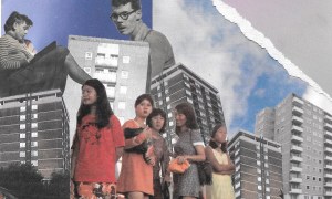 A collage of students surrounded by university buildings