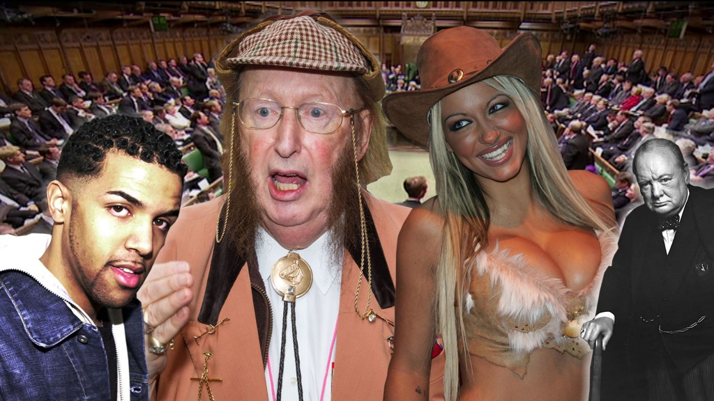 A montage of Craig David, John McCririck, Jodie Marsh and Winston Churchill, in the House of Commons