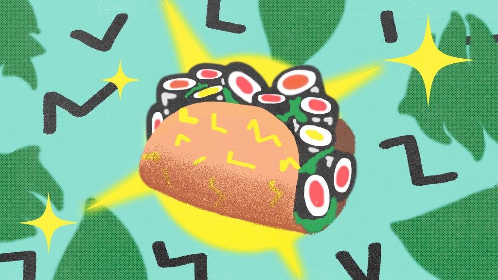 colorful illustration of a taco shell filled with sushi in front of a teal and yellow background​