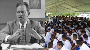 Scientology founder L Ron Hubbard and a class of Samoan school children