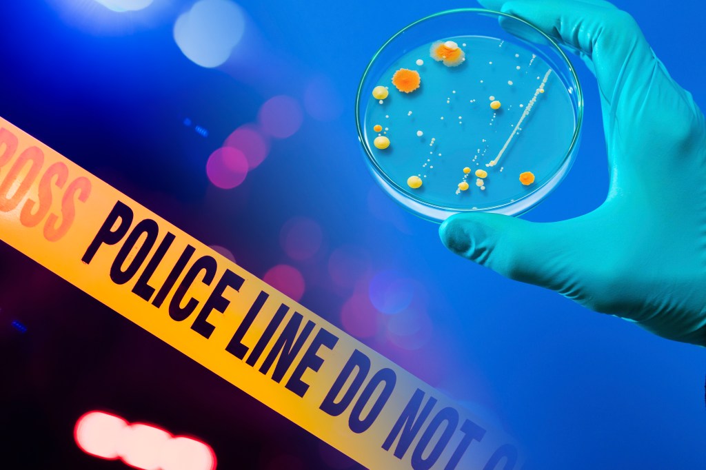 A hand holding a petri dish next to a police tape.