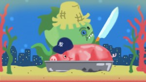 an illustration of a piranha in a straw hat holding a machete to cut a pig wearing a yankees hat