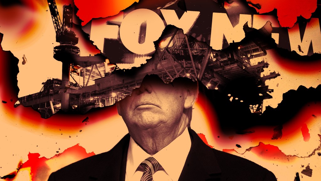 A collage of Donald Trump, the Fox News logo, and an oil rig