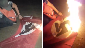 ​Caleb Pelletier​ burning a Nazi flag.