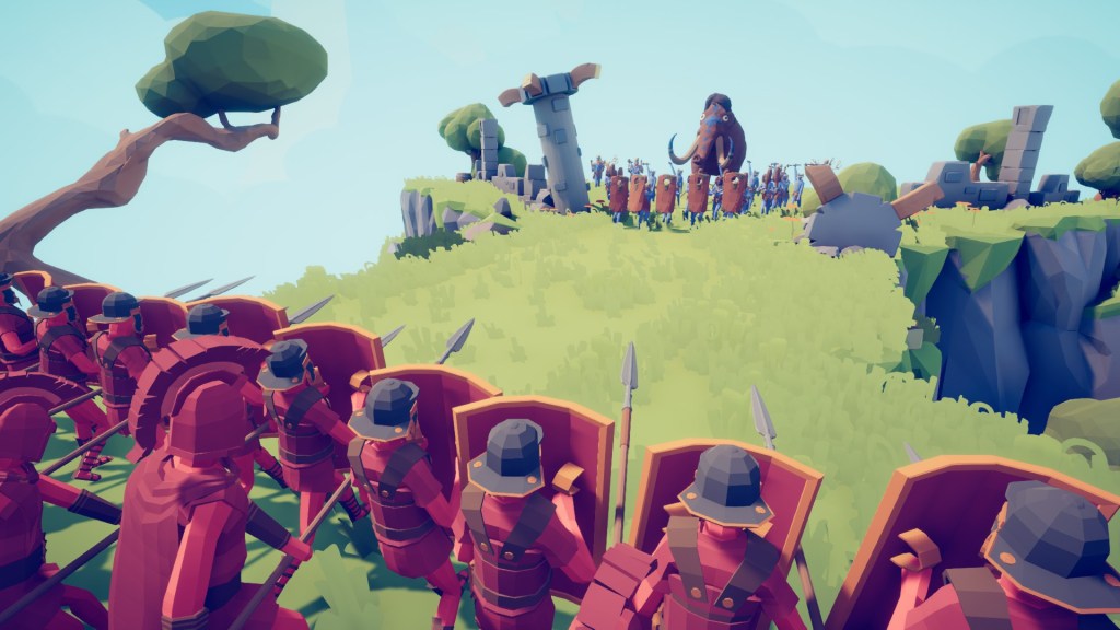 A cartoon, polygonal Romanlegion advances on an army of cavemen supported by mammoths