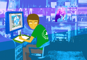 Image from Homestuck of Andrew Hussie, Homestuck's lead creator, sitting at his desk in a blue room, with the webpage for Homestuck on his computer screen