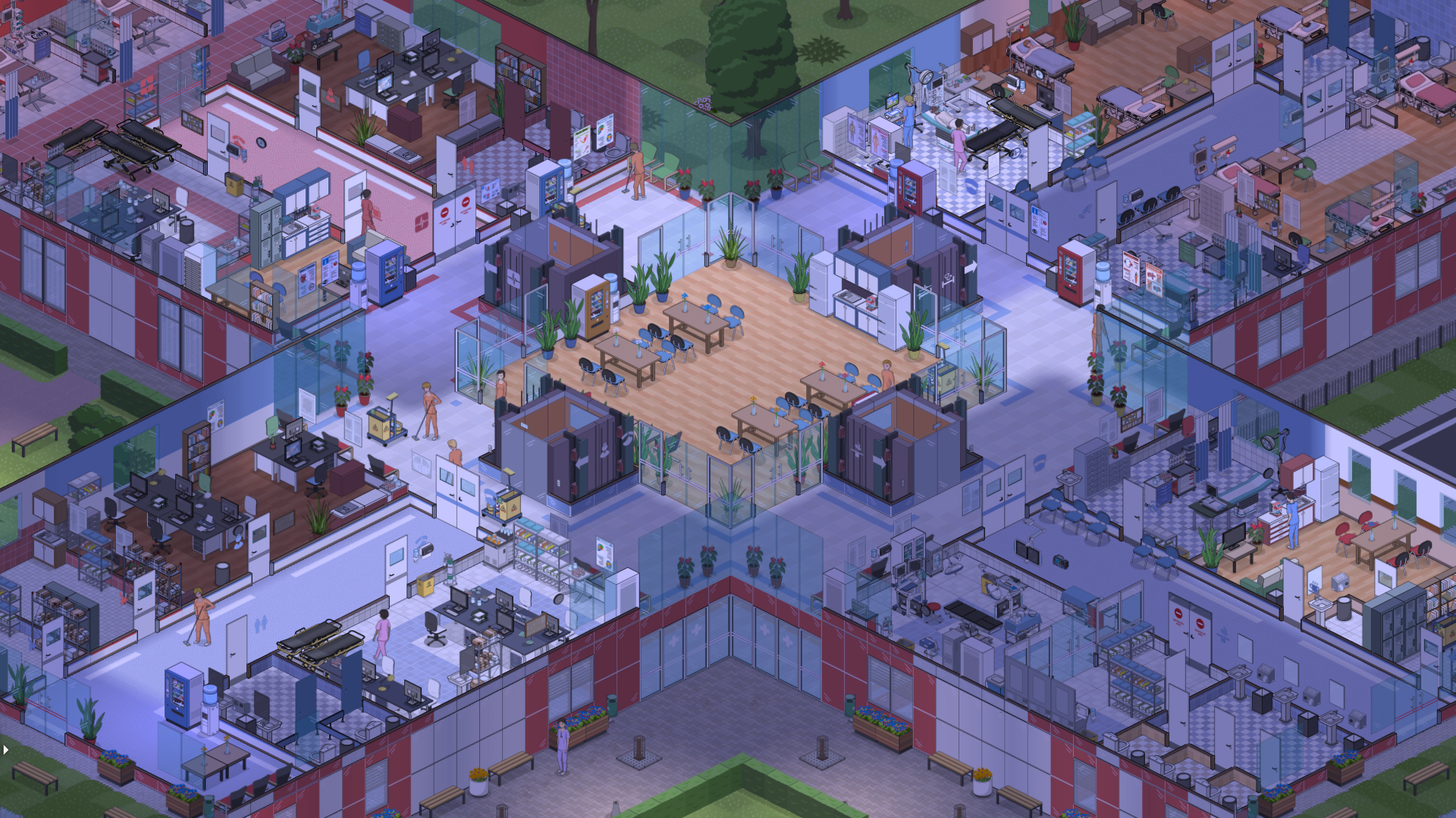 A night scene in the center of a hospital in Project Hospital