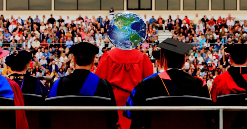 A graduation speaker with a globe for a head