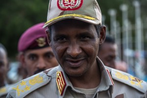 Mohamed Hamdan Dagolo commander of the Rapid Support Forces militia enters an Iftar meal in his honor on May 18 2019 in Khartoum Sudan