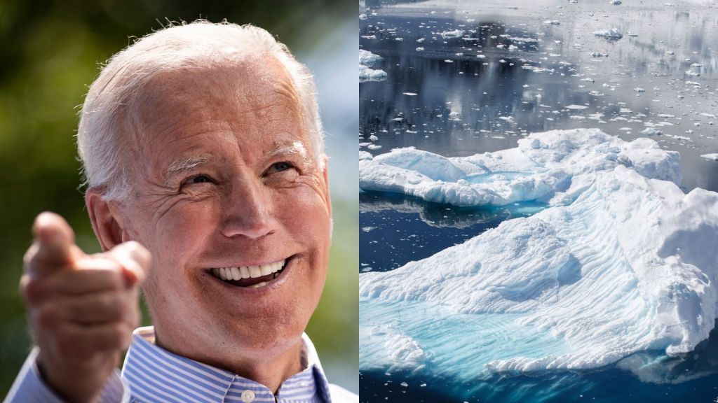 A split of Joe Biden and and a melting iceberg.