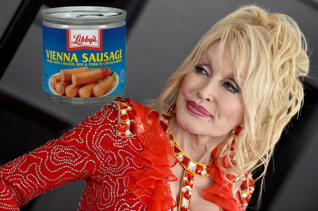 a photoshopped image of dolly parton at the 2019 grammy awards next to a can of vienna sausages