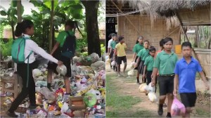 Kids at Akshar Forum school recycling plastic