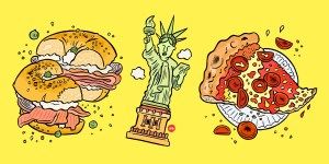 an illustration of a bagel with lox, the statue of liberty, and a slice of pepperoni pizza on a paper plate