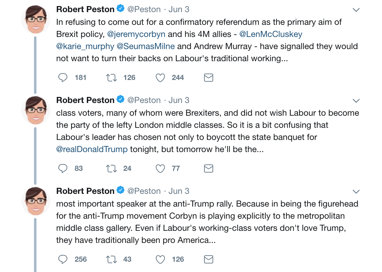 Robert Peston tweet Corbyn working classes pro-Trump