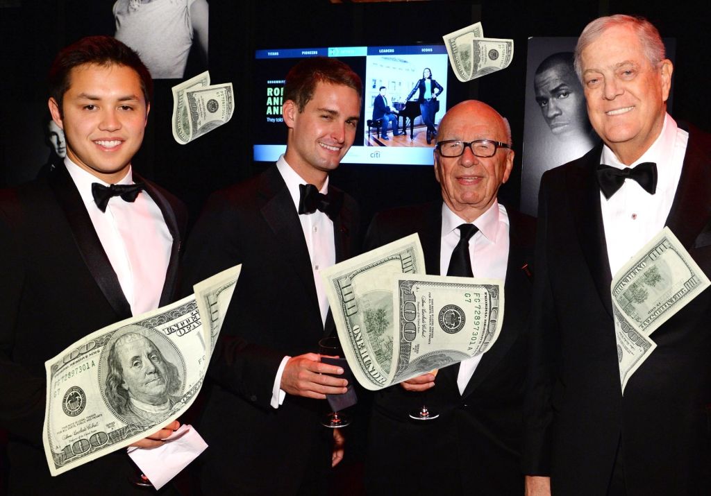 Four wealthy men in tuxes surrounded by photoshopped money falling around them.