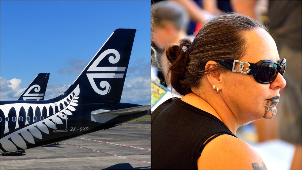 Air New Zealand planes and a woman with a Maori face tattoo