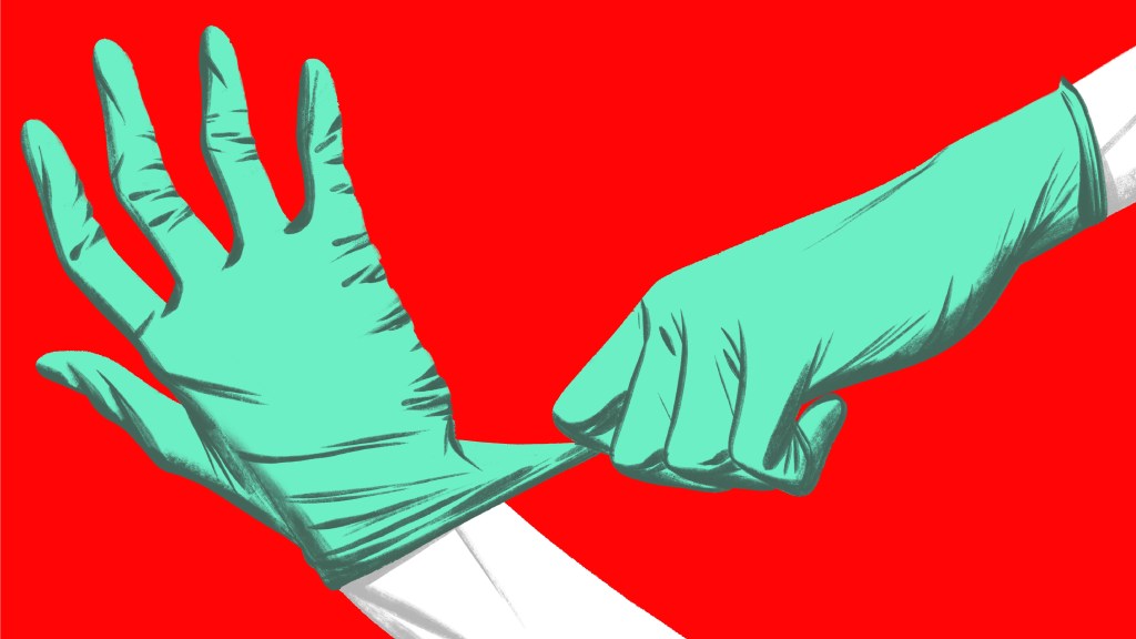 illustration of person putting on latex gloves