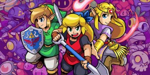 Cadence of Hyrule Promotional Image. Cadence, Link, and Zelda appear against a backdrop of traditional Zelda enemies