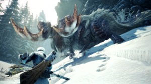 Screenshot from 'Monster Hunter World: Iceborne', a Monster hunter knee deep in the snow faces off against one of the expansion's new monsters, a mix between a T-Rex and an Elk