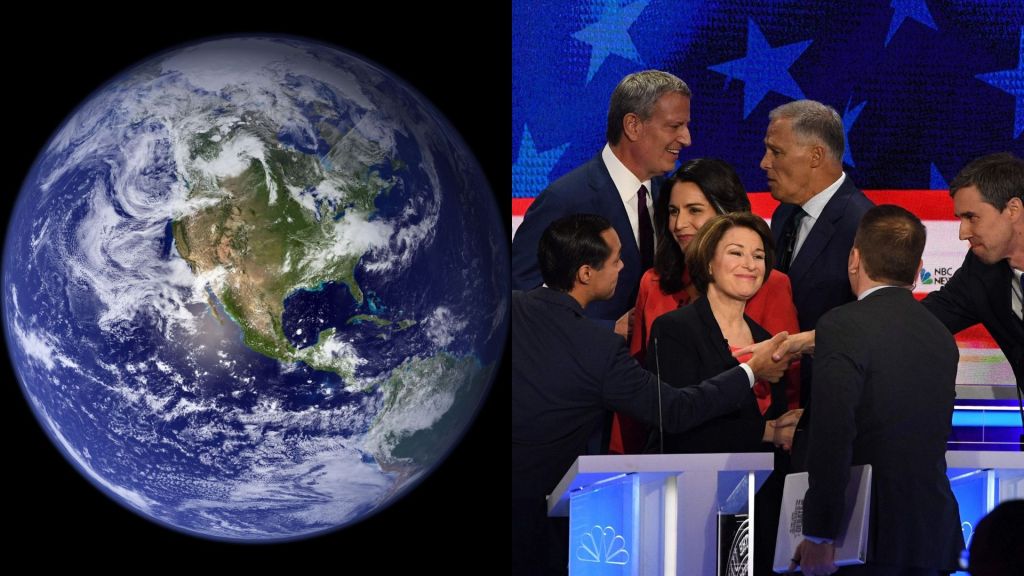 A splitscreen of the Earth from space and the Democratic candidates in a crowd.