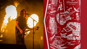 left: Tom Araya of Slayer performs at Ruoff Home Mortgage Music Center with flames in the background; Right: a 25th anniversary commemorative can for Toronto's Budweiser Stage