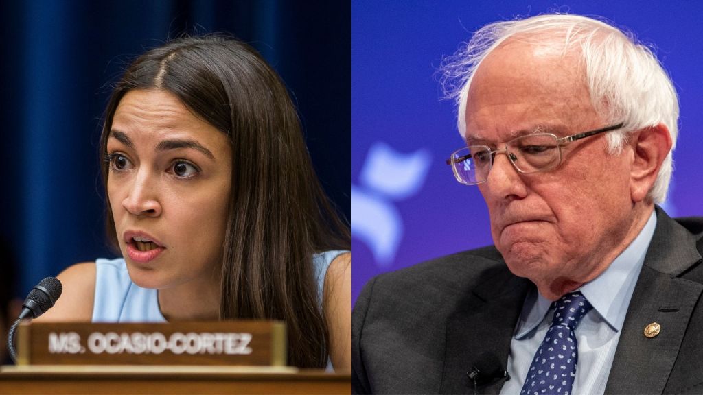 A splitscreen of Bernie Sanders and Alexandria Ocasio-Cortez