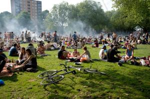 East London gentrification in Hackney: London Fields in summer