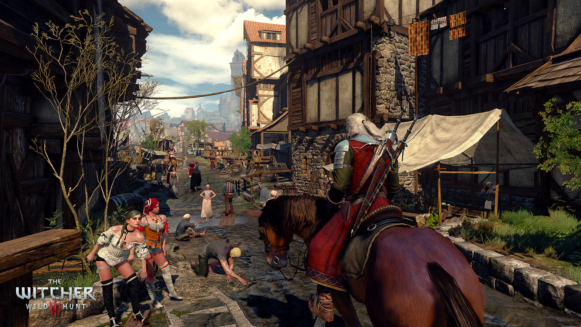 Geralt rides through a city in The Witcher 3