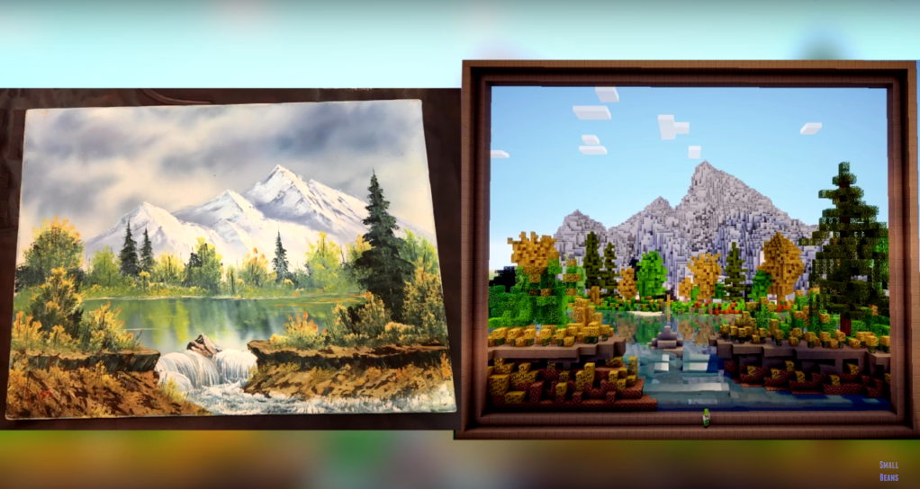 Ein Bob Ross-Gemälde und die Minecraft-Version des Bildes