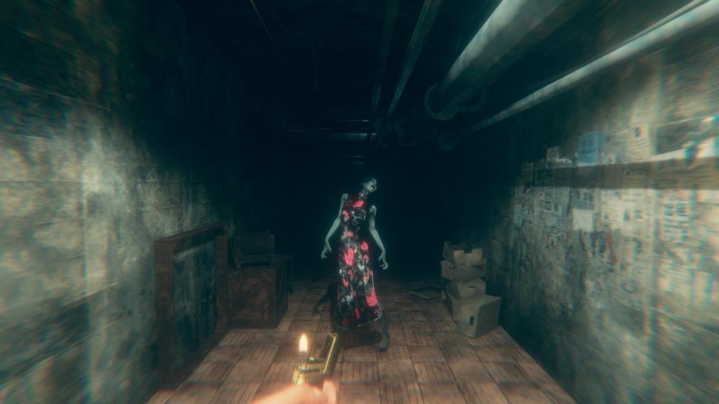 A menacing figure at the end of a dim hallway in a first-person game.