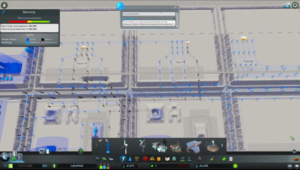 A complicated layout of powerlines and sewage pipes in Cities: Skylines to approximate a crude computer.