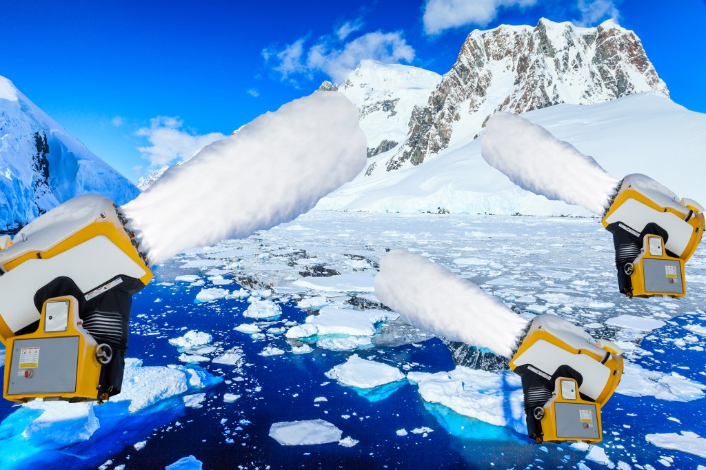 snow cannons blasting a melting ice sheet